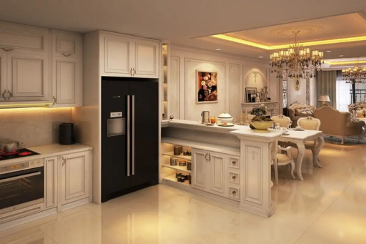 Phòng bếp tân cổ điển sử dụng ánh sáng vàng ấm 