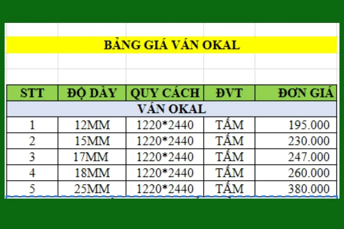 Báo giá ván okal trơn