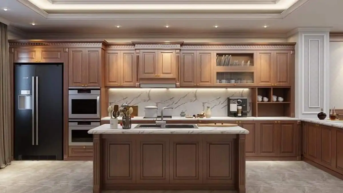 Tủ bếp gỗ óc chó tân cổ điển