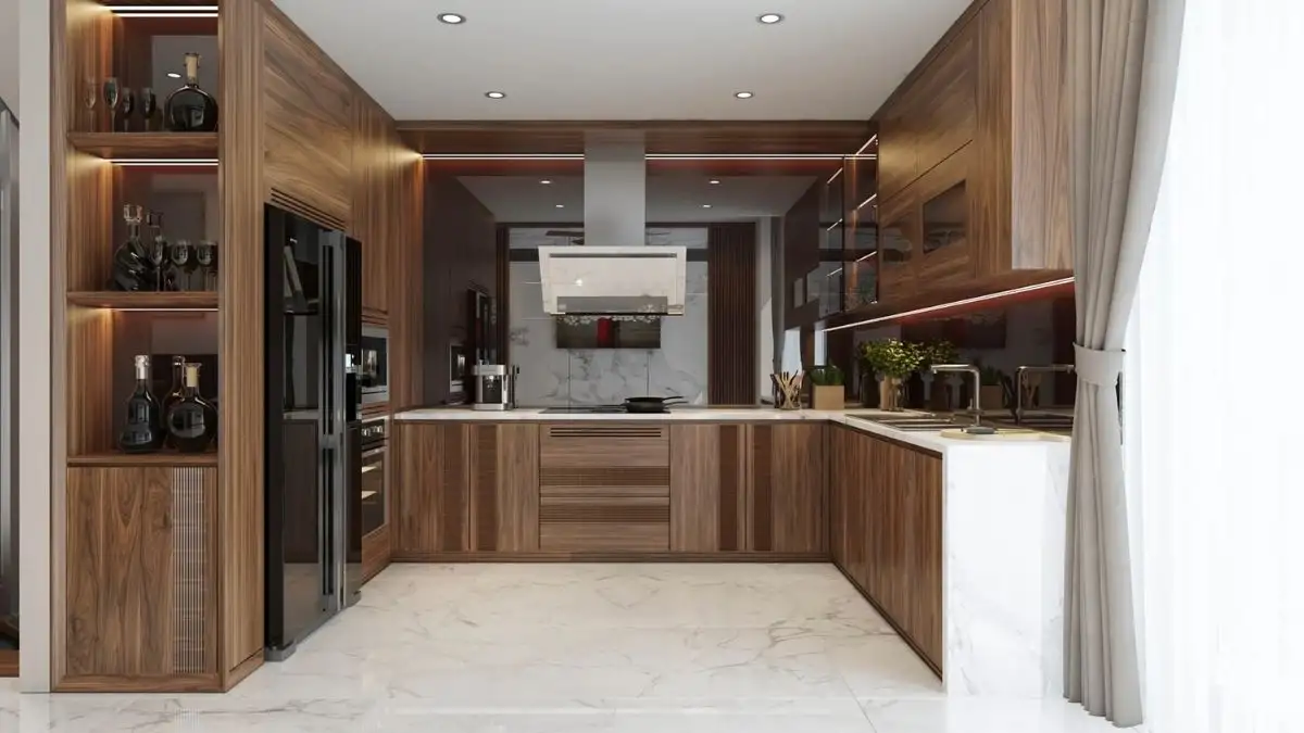 Tủ bếp gỗ óc chó chữ U độc bản