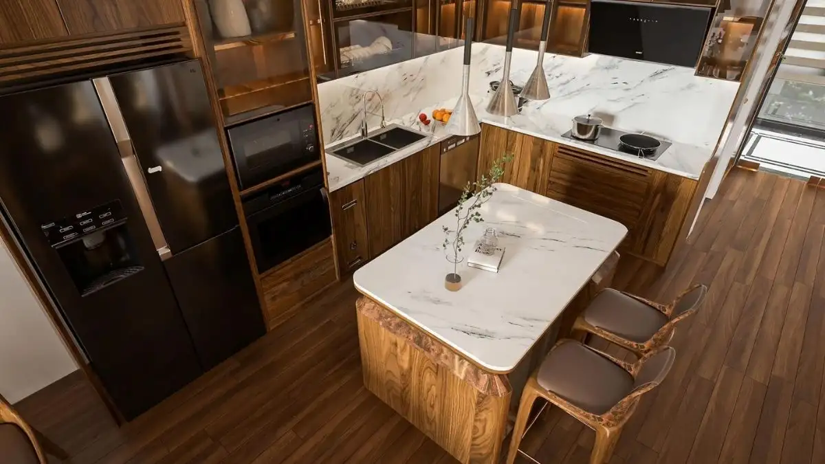 Tủ bếp gỗ óc chó tone sáng