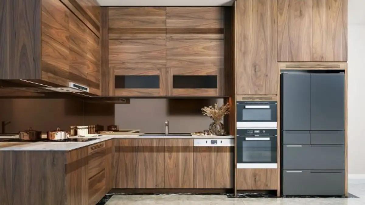 Tủ bếp gỗ óc chó chữ L sang trọng