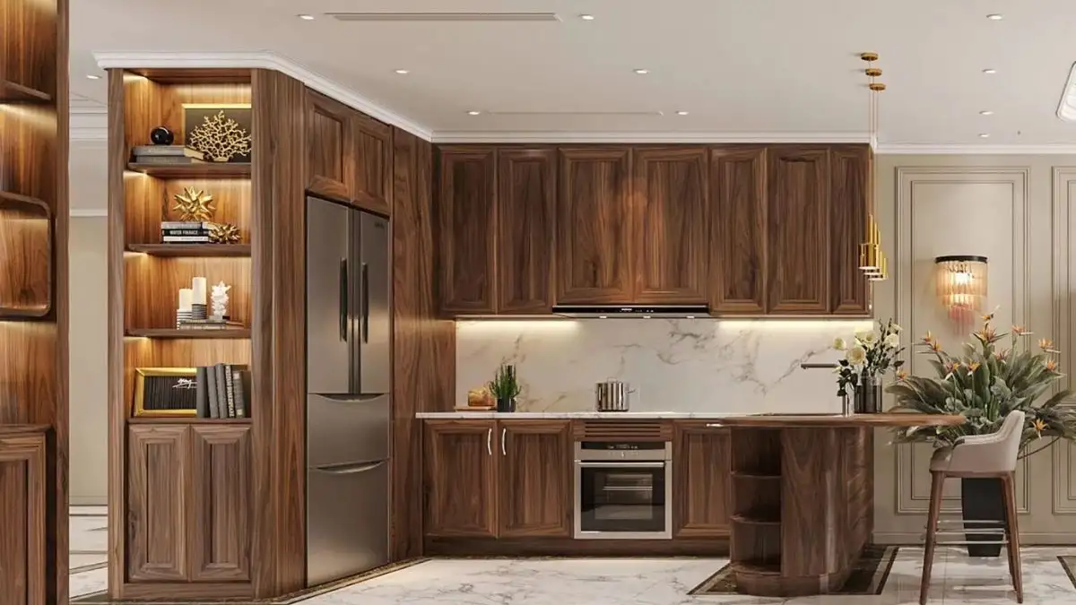 Tủ gỗ óc chó có đảo bếp cao cấp