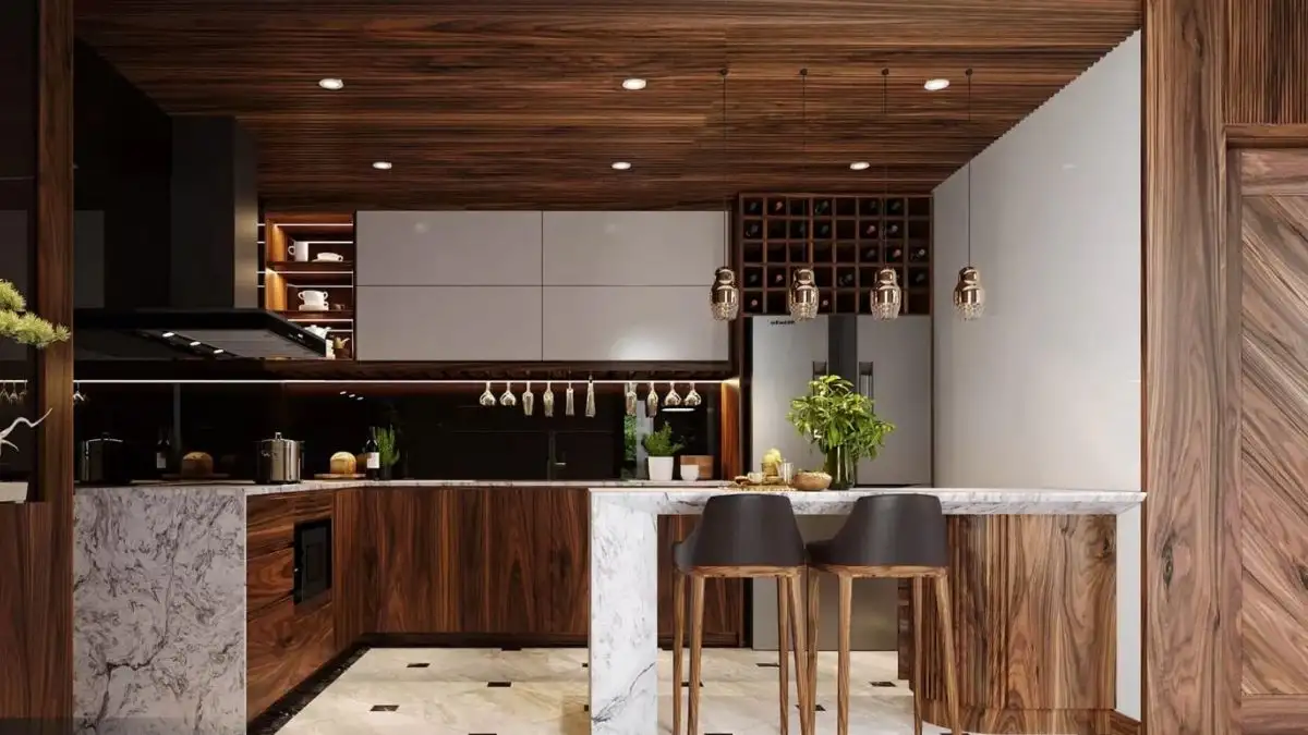 Tủ bếp gỗ óc chó dày dặn