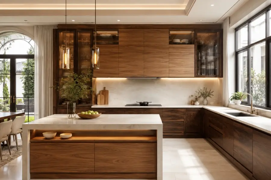 Tủ bếp óc chó 2 tone (nâu trầm + nâu sáng)