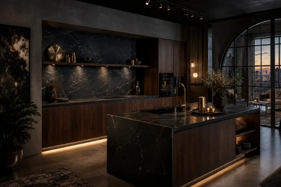 Tủ bếp óc chó + đá đen nero marquina