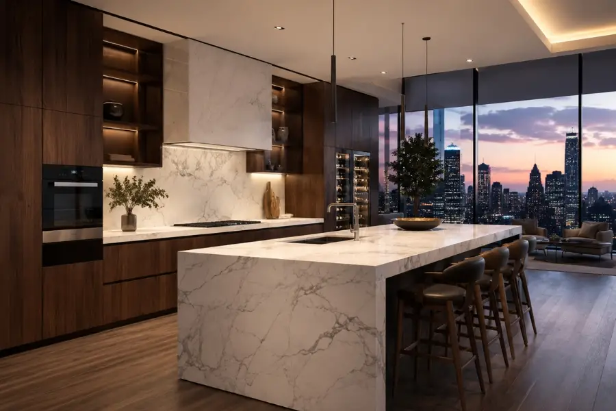 Tủ bếp óc chó + đá marble trắng