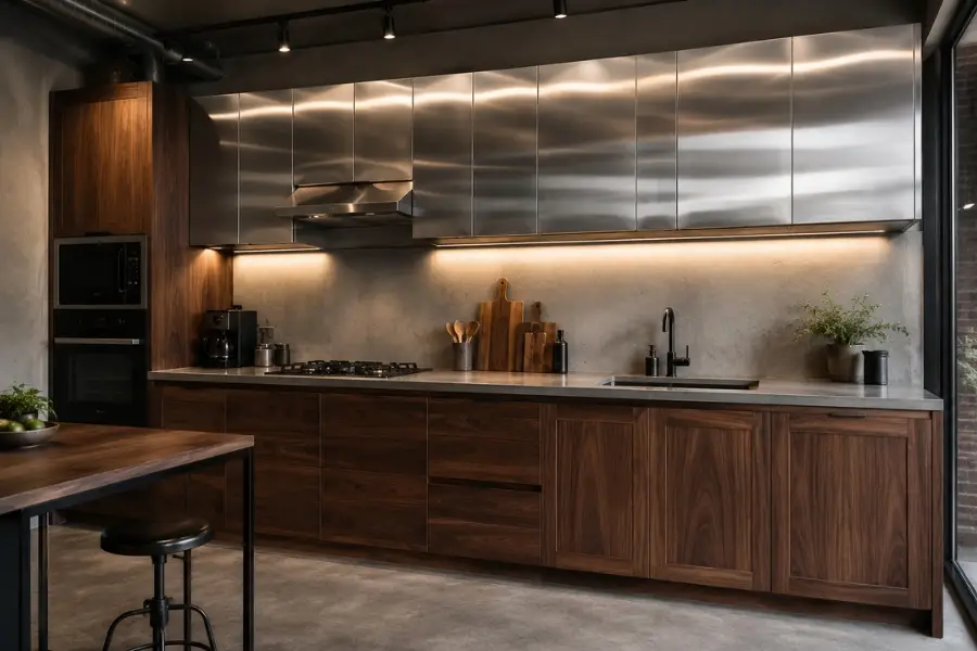 Tủ bếp óc chó kết hợp inox xước 