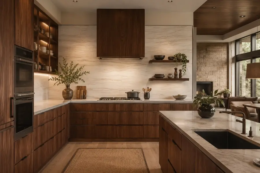Tủ bếp óc chó kết hợp vách ốp bếp (backsplash)