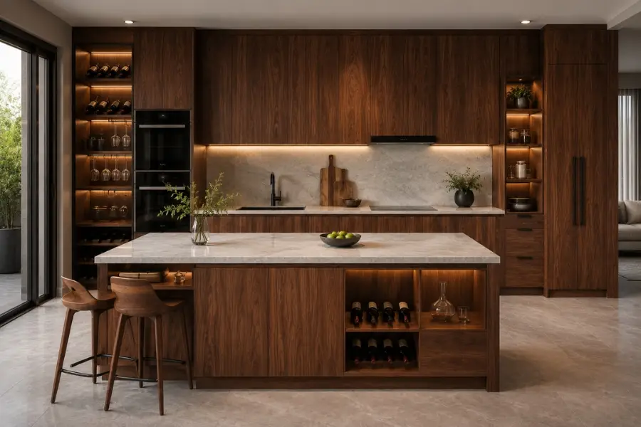 Tủ bếp óc chó phủ veneer