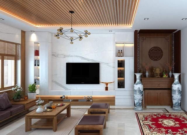 Kết hợp gỗ công nghiệp với trần thạch cao