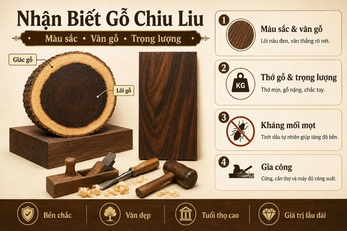 Nhận biết gỗ chiu liu qua màu sắc, vân gỗ, trọng lượng