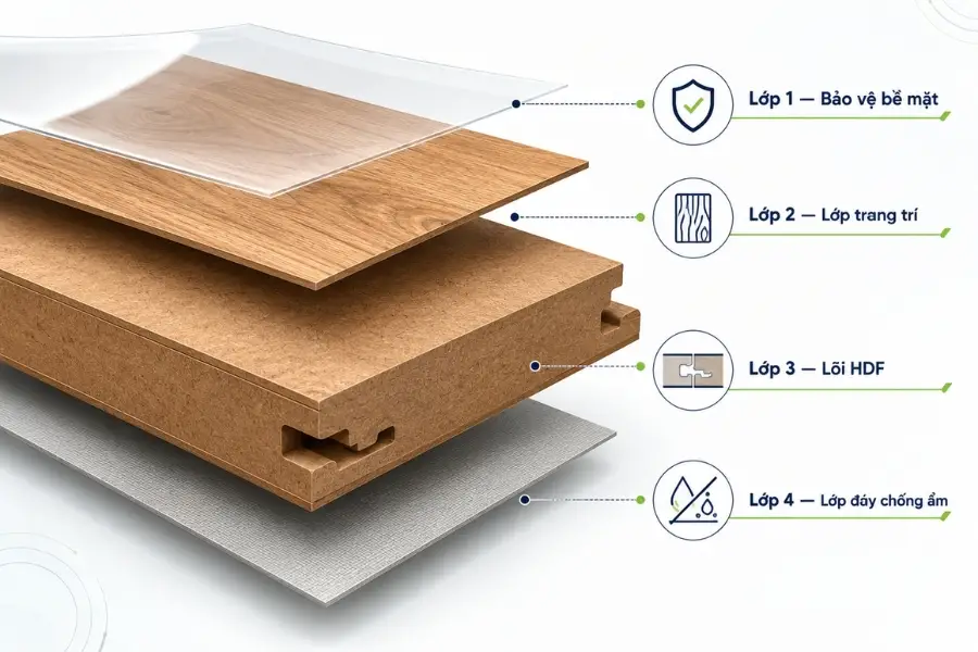 Cấu tạo 4 lớp của sàn gỗ HDF