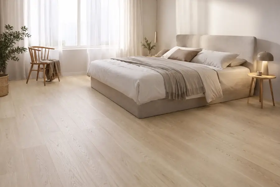 sàn hdf trang trí phòng ngủ tone nhạt
